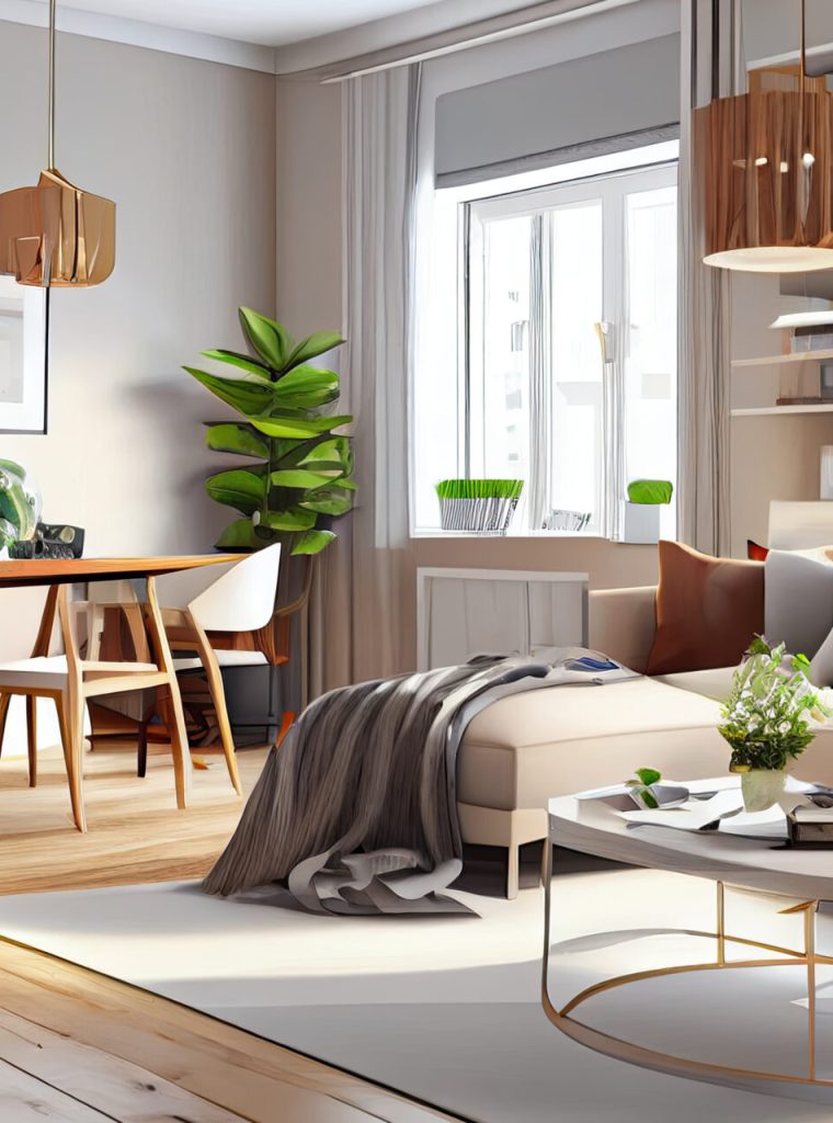 Stylish scandinavian living room with design mint sofa, furnitures, mock up poster map, plants and elegant personal accessories. Modern home decor. Bright and sunny room. Generative AI illustration